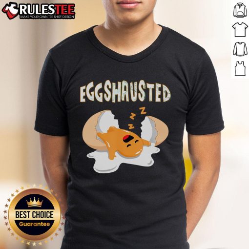 Alt Text: Cute 'Eggshausted' T-shirt featuring a sleeping fried egg, perfect for Easter egg hunts and fun egg-themed outfits.