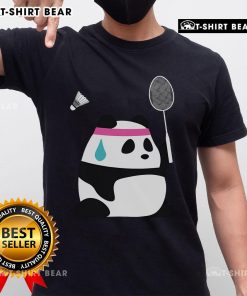 Adorable exhausted panda holding a shuttlecock on a badminton-themed T-shirt, perfect for sports lovers and panda fans.