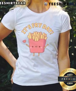 Alt Text: Cute French fries doodle on a ladies tee, celebrating Fry Day with a fun pun design for food lovers.