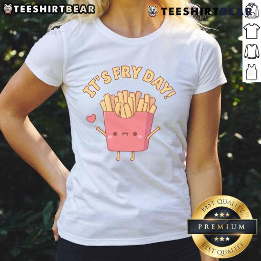 Alt Text: Cute French fries doodle on a ladies tee, celebrating Fry Day with a fun pun design for food lovers.
