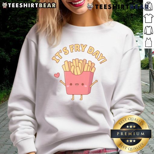 Alt Text: Cute French fries doodle on a sweatshirt with It's Fry Day pun, perfect for food lovers and pun enthusiasts.