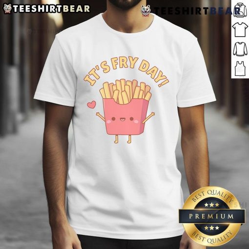 Adorable doodle of cute French fries with 'It's Fry Day' pun on a trendy T-shirt, perfect for food lovers and humor fans.
