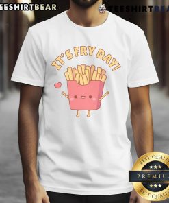 Adorable doodle of cute French fries with 'It's Fry Day' pun on a trendy T-shirt, perfect for food lovers and humor fans.