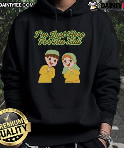 Alt Text: Cute I'm Just Here for the Eidi hoodie design featuring playful typography and vibrant colors perfect for festive celebrations.