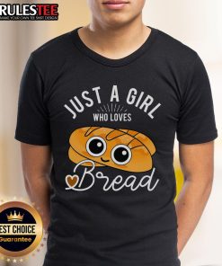 Cute t-shirt design for bakers featuring the phrase 'Just A Girl Who Loves Bread' with a breadmaker and baking elements.