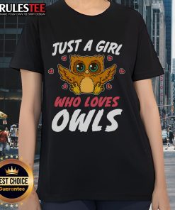 Cute Just A Girl Who Loves Owls tee for nature lovers, featuring a whimsical owl design perfect for bird enthusiasts.