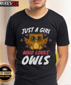Alt Text: Cute Just A Girl Who Loves Owls T-Shirt featuring an owl graphic, perfect for bird and nature lovers.