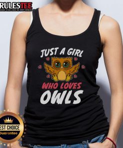 Cute tank top for nature lovers featuring 'Just A Girl Who Loves Owls' design with an owl graphic.