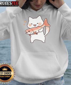 Cute kawaii happy cat wearing a salmon fish hoodie, showcasing adorable style and playful charm.