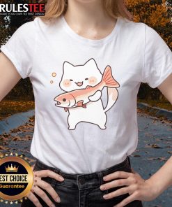 Cute kawaii happy cat with salmon fish on a ladies tee, perfect for cat lovers and anime fashion enthusiasts.
