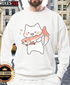 Cute kawaii happy cat wearing a salmon fish sweatshirt, perfect for cat lovers and fashion enthusiasts.