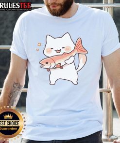 Alt Text: Cute kawaii happy cat wearing a salmon fish t-shirt, showcasing playful design and vibrant colors for cat lovers.