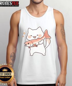 Cute kawaii happy cat wearing a salmon fish tank top, showcasing adorable style and personality.