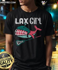 Alt Text: Adorable lax girl in a lacrosse whale sport t-shirt, showcasing a fun design perfect for young lacrosse enthusiasts.