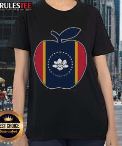 Cute Mississippi flag graphic on a 'In God We Trust' teacher tee with apple design for ladies.