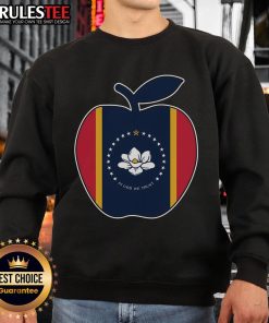 Cute Mississippi flag sweatshirt featuring In God We Trust and an apple, perfect for school teachers and education enthusiasts.
