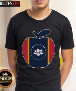 Alt Text: Cute Mississippi flag T-shirt with In God We Trust and apple design, perfect for school teachers.