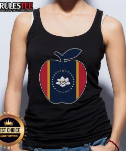 Cute Mississippi flag tank top for teachers with 'In God We Trust' and apple design, perfect for school settings.