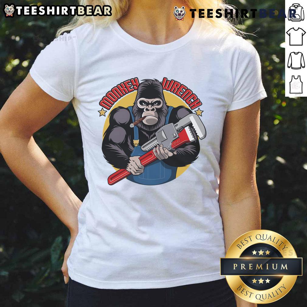 Cute Monkey Wrench Mechanic Grease Monkey Car Repair Technician Ladies Tee Alt Text: Cute monkey wrench graphic on a ladies tee for car repair technicians and grease monkeys, perfect for mechanics.
