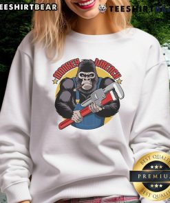 Alt Text: Adorable monkey wrench graphic on a mechanic sweatshirt, perfect for car repair technicians and grease monkey enthusiasts.