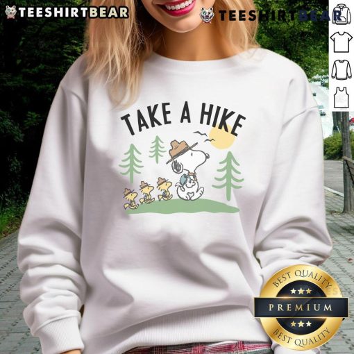 Cute Peanuts Snoopy Woodstock Take A Hike sweatshirt featuring iconic characters on a cozy design.