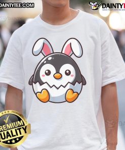 Cute Penguin Easter Bunny T-Shirt featuring an adorable penguin dressed as a bunny, perfect for Easter celebrations.