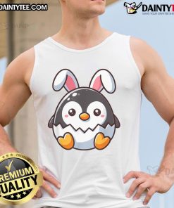 Cute penguin wearing bunny ears on an Easter-themed tank top, perfect for festive spring celebrations and casual outfits.