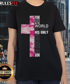 Alt Text: Cute pink camo Christian cross verse ladies tee featuring an inspirational design for stylish faith expression.