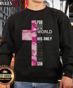 Alt Text: Cute pink camo Christian cross verse sweatshirt design, perfect for stylish faith-inspired fashion.
