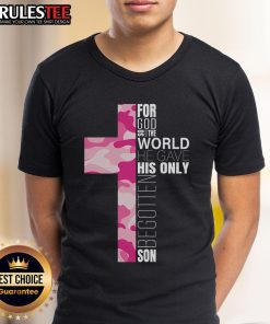 Alt Text: Cute Pink Camo Christian Cross Verse T-Shirt featuring a stylish design and inspirational message for faith-filled fashion.