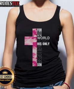 Alt Text: Cute pink camo tank top featuring a Christian cross and inspirational verse, perfect for faith-based fashion.