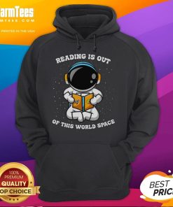 Alt Text: Cute astronaut in a space-themed hoodie reading a book, showcasing the 'Reading Is Out Of This World' design.