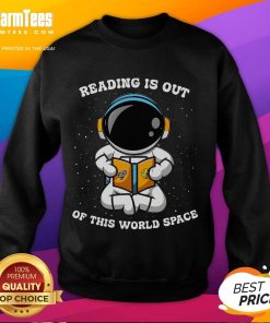 Alt Text: Cute astronaut sweatshirt featuring a whimsical design of a space-themed reading scene, perfect for book lovers.