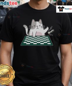 Alt Text: Cute rude cat graphic on a chess board game T-shirt, perfect for cat lovers and chess enthusiasts.