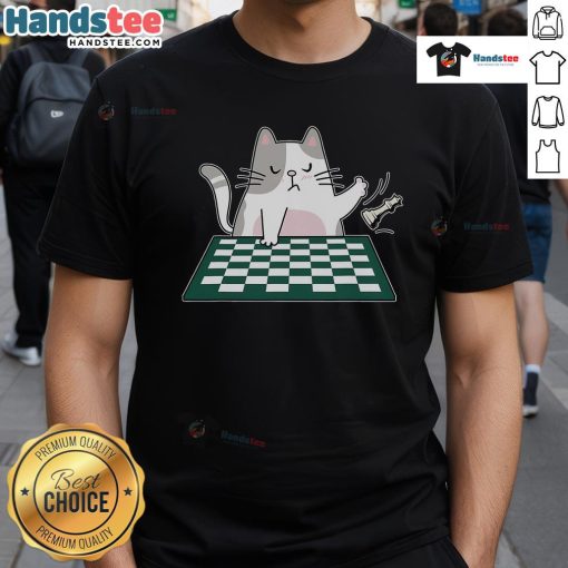 Alt Text: Cute rude cat graphic on a chess board game T-shirt, perfect for cat lovers and chess enthusiasts.
