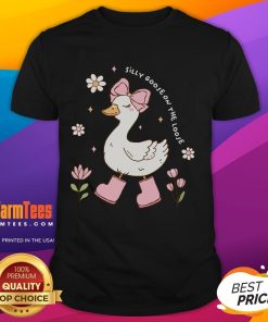 Alt Text: Cute silly goose wearing a coquette bow on a t-shirt, perfect for goose lovers and fun fashion enthusiasts.