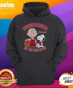 Alt Text: Cute Snoopy and Charlie Brown in Louisville Cardinals hoodie, celebrating fandom with 'Forever, Not Just When We Win' slogan.