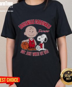 Alt Text: Cute Snoopy and Charlie Brown on a Louisville Cardinals Forever tee, perfect for fans who celebrate all wins.