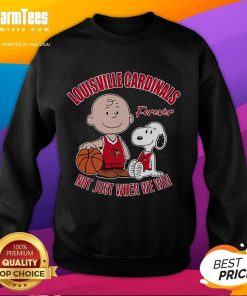 Cute Snoopy and Charlie Brown on Louisville Cardinals sweatshirt, celebrating fandom for all seasons, not just wins.