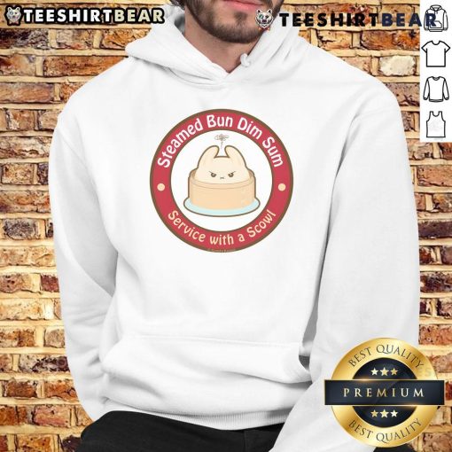 Cute steamed bun dim sum served with a playful scowl hoodie, showcasing a unique and fun dining experience.