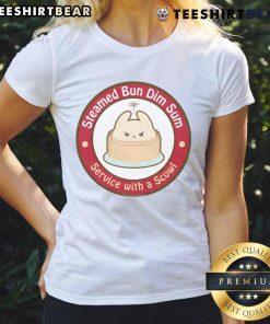 Cute steamed bun dim sum served on a plate, featuring a playful scowl design on a ladies' tee.
