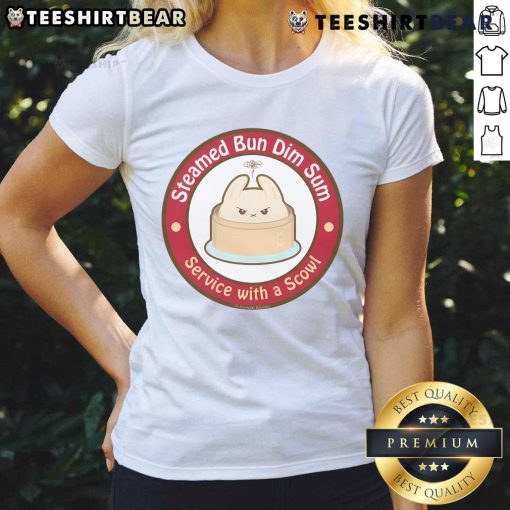 Cute steamed bun dim sum served on a plate, featuring a playful scowl design on a ladies' tee.