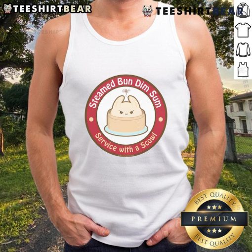 Adorable steamed bun dim sum served with a scowl tank top, showcasing a playful culinary presentation.