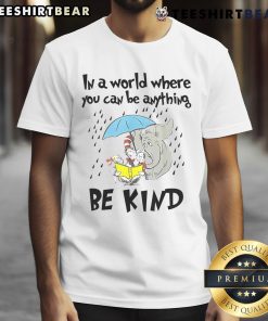 Cute teacher wearing 'Be Kind' Cat in Hat t-shirt, showcasing a playful and positive teacher life vibe.