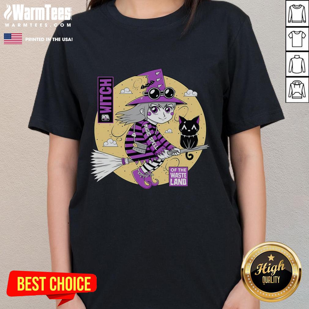 Cute Witch Of The Wasteland Ladies Tee Alt Text: Cute Witch of the Wasteland ladies tee featuring a whimsical design perfect for Halloween and casual wear.