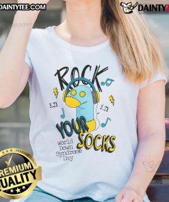 Stylish ladies' tee for World Down Syndrome Day featuring 'Rock Your Socks' design, promoting awareness and support.