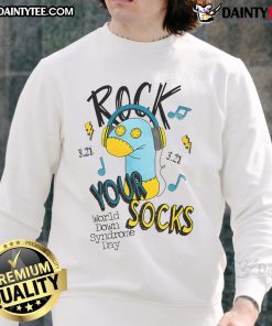 Colorful sweatshirt for World Down Syndrome Day featuring 'Rock Your Socks' design, promoting awareness and support.
