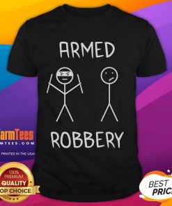Alt Text: Funny Armed Robbery Stickman Stick Figure T-Shirt featuring a humorous stick figure design in a playful, cartoon style.