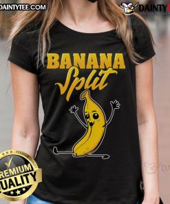 Funny banana split gymnast pun on a cute ladies tee, perfect for gym enthusiasts and dessert lovers.