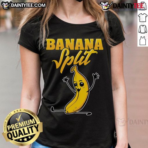 Funny banana split gymnast pun on a cute ladies tee, perfect for gym enthusiasts and dessert lovers.